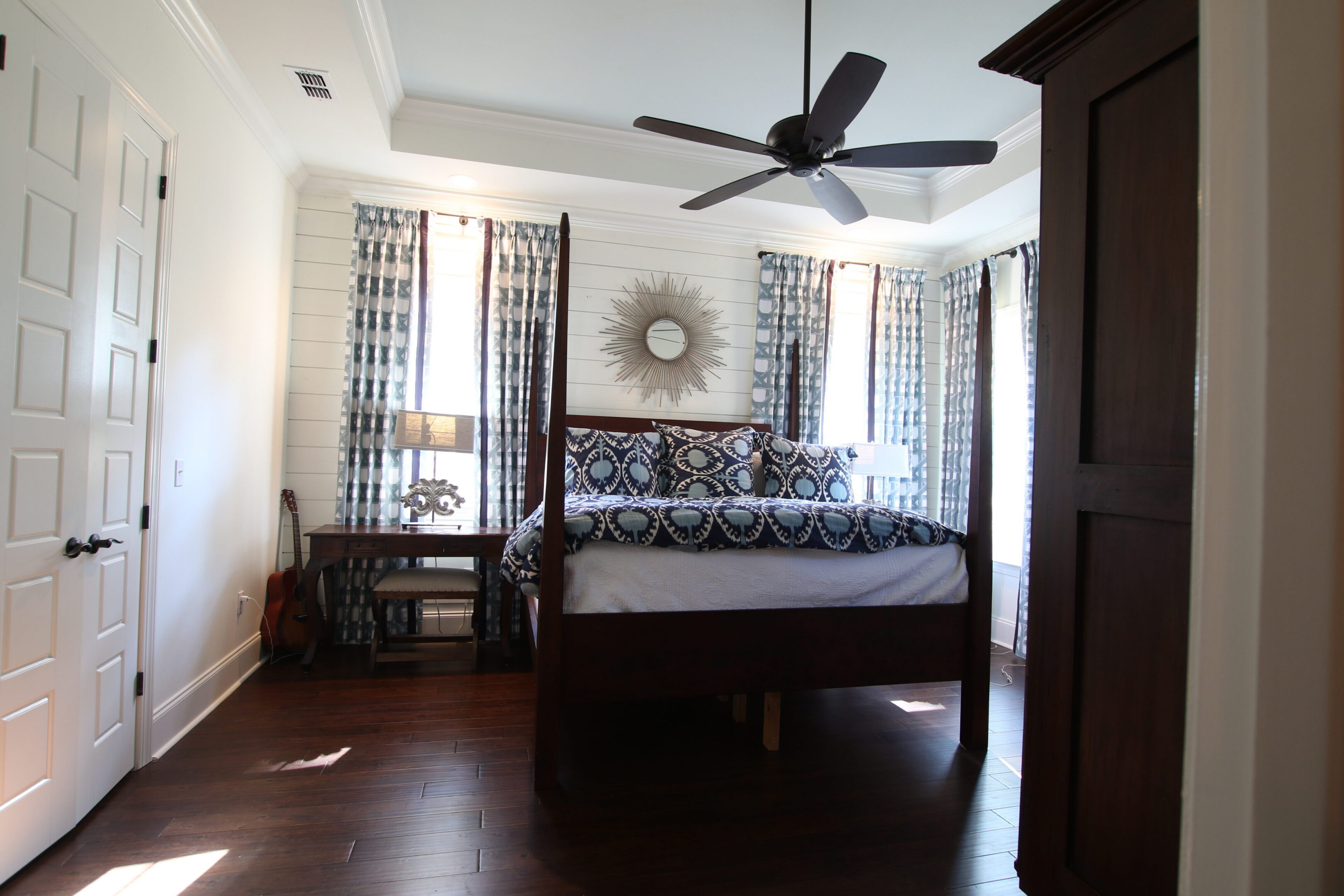 Cozy bedroom with patterned bedding