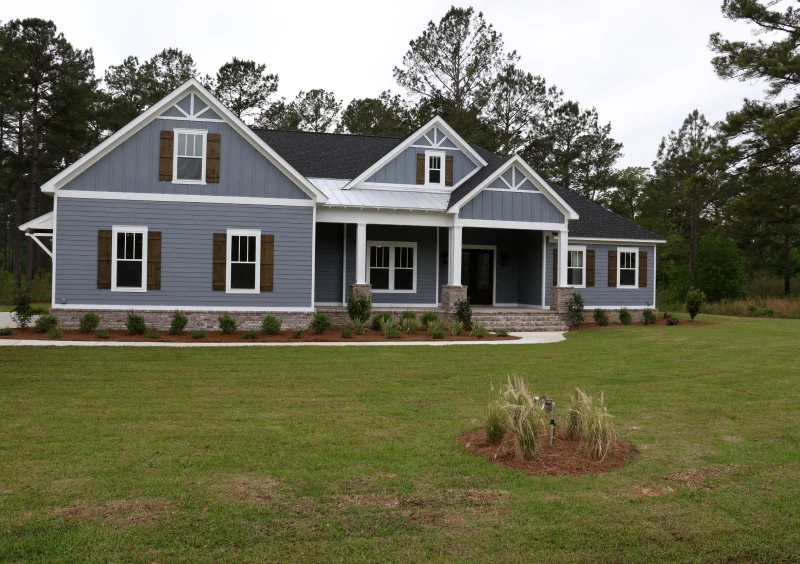 Blue house with gabled roof
